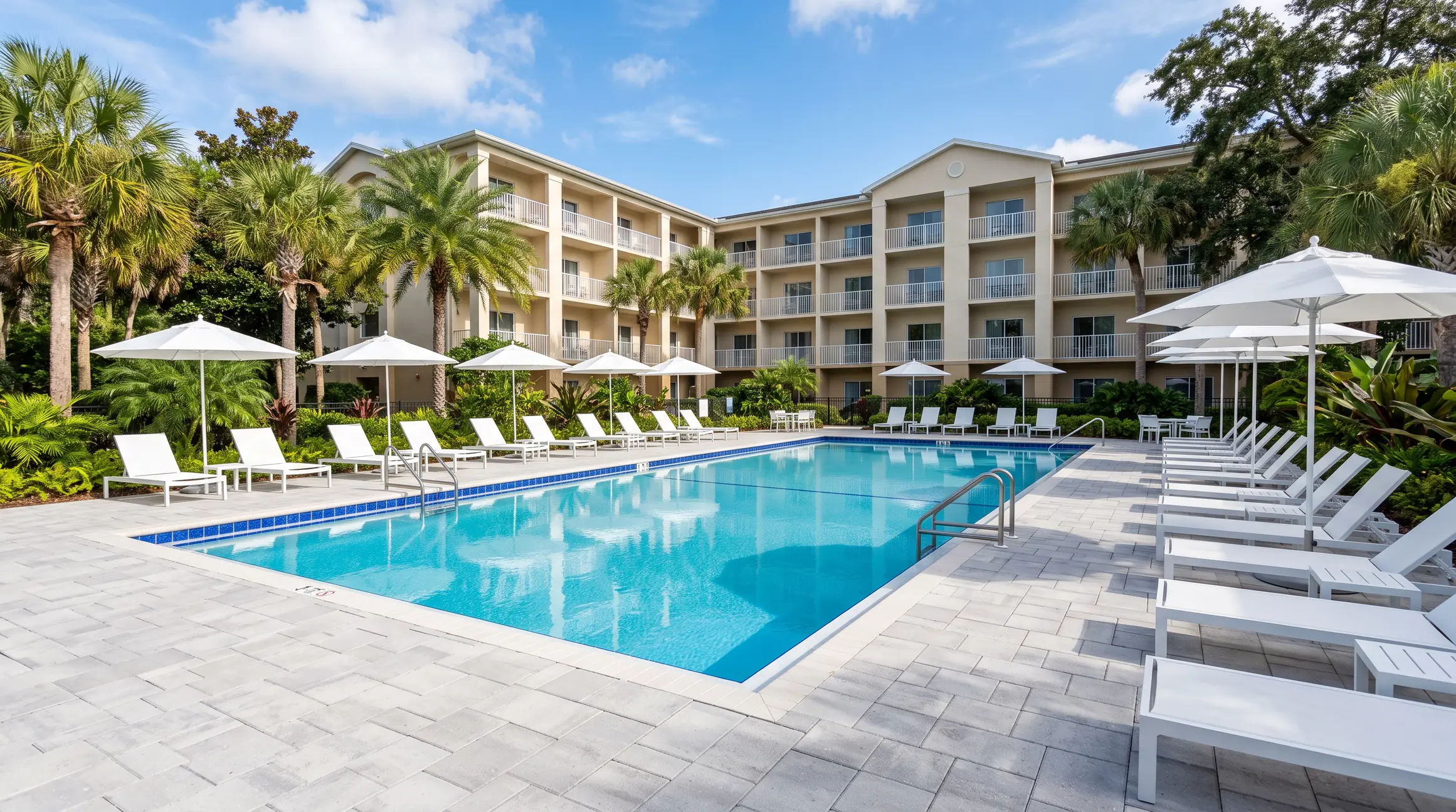After: same hotel pool with new tile, deck, and finish