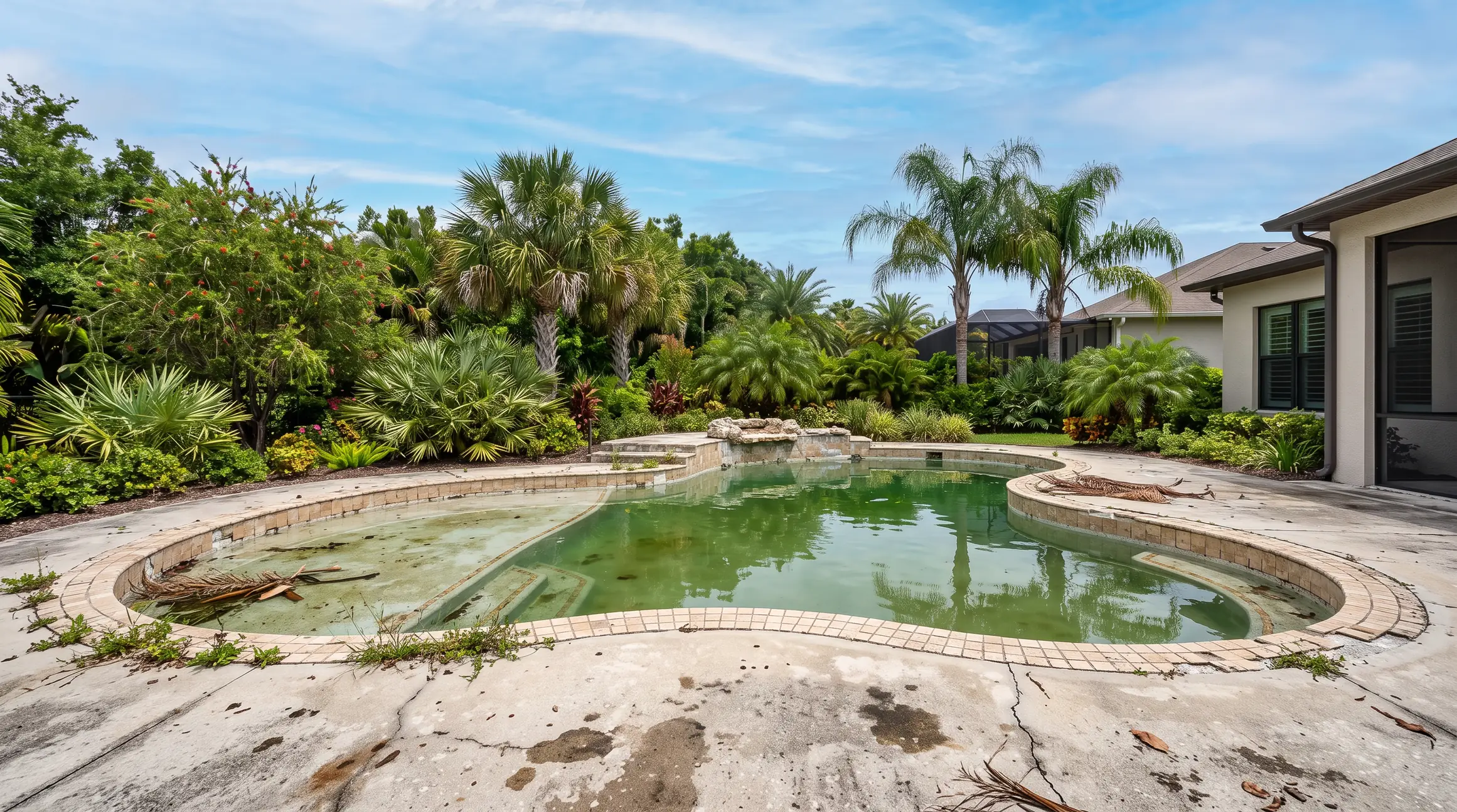 Before: dated backyard pool with cracked deck and old tile