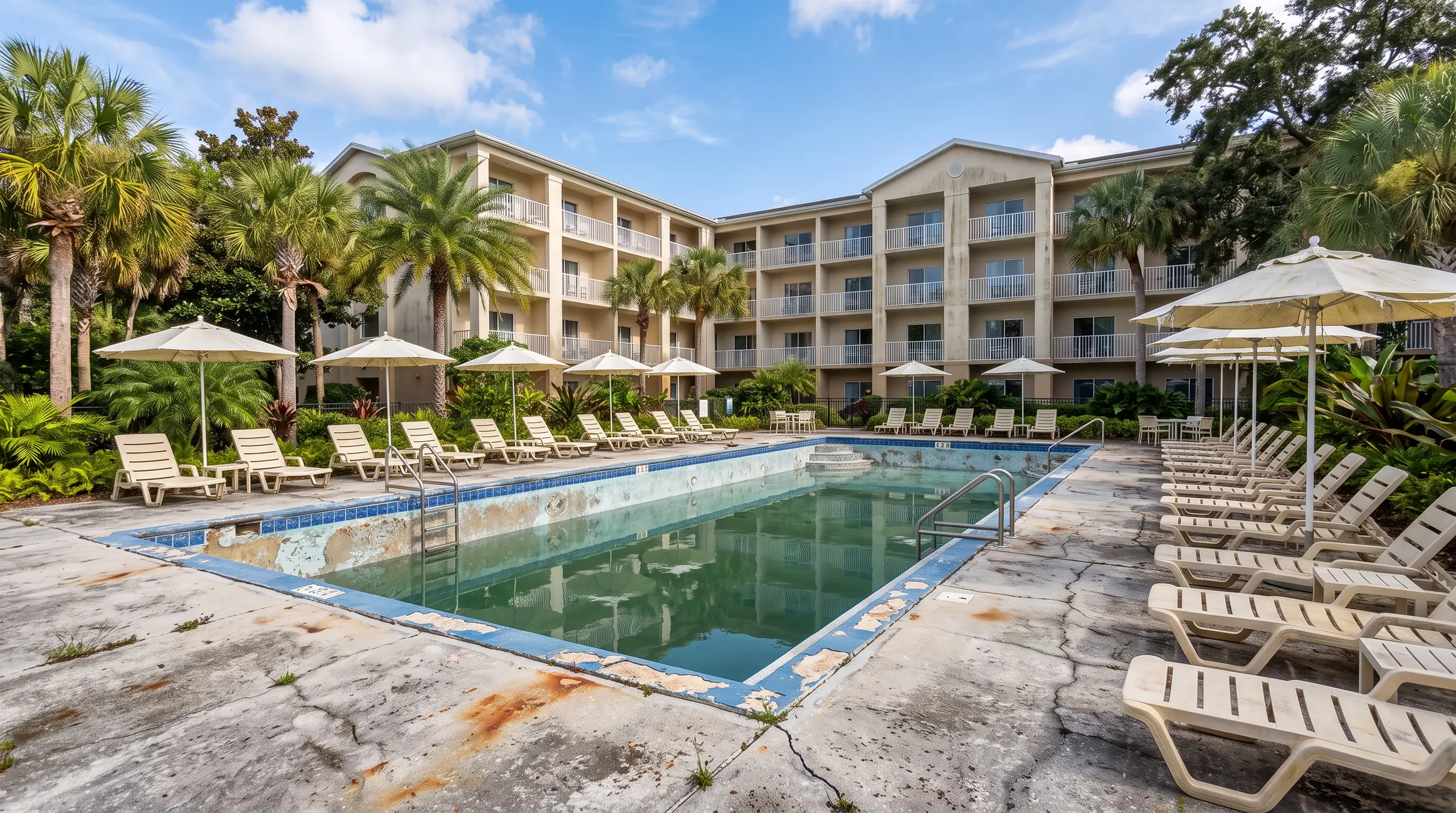 Before: outdated hotel pool with worn deck