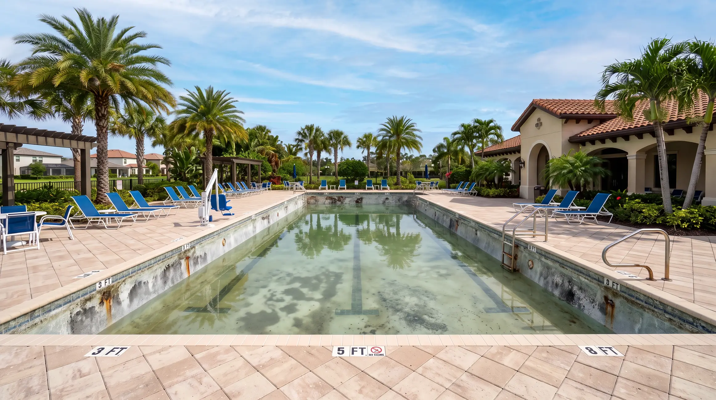 Before: worn, stained community pool finish