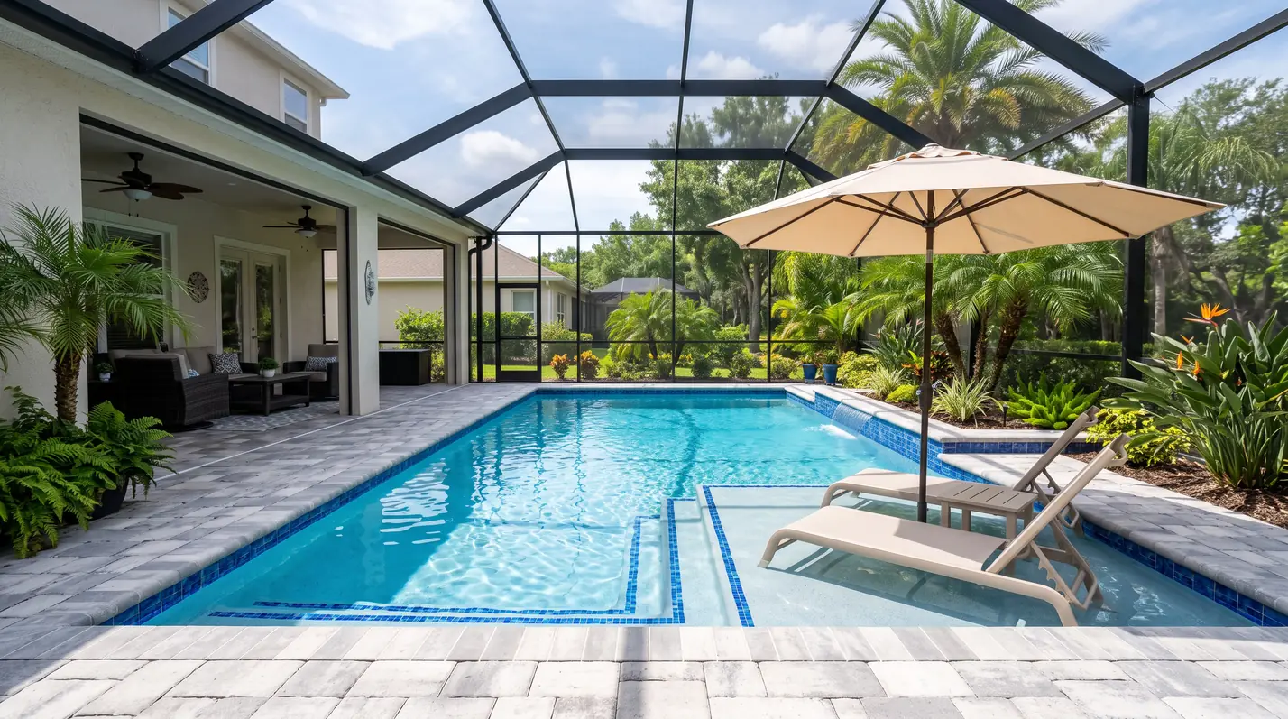 Renovated backyard pool with new pavers and tile