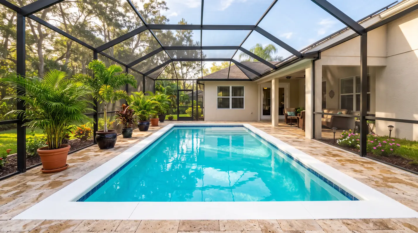 Resurfaced backyard pool with a screened lanai